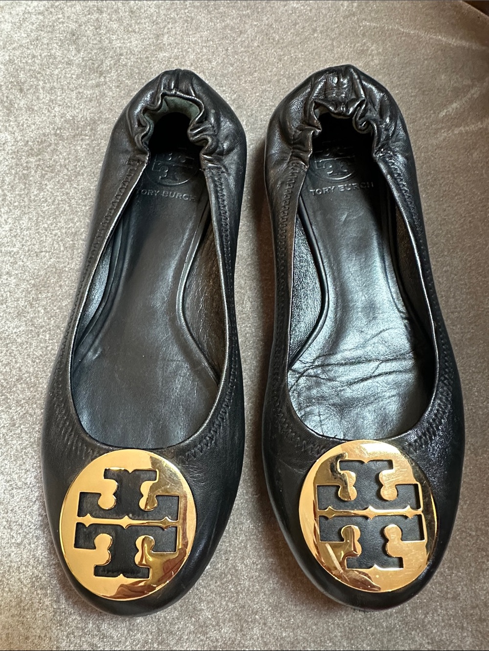 Tory Burch Black Leather Flats with Gold Logo Medallion